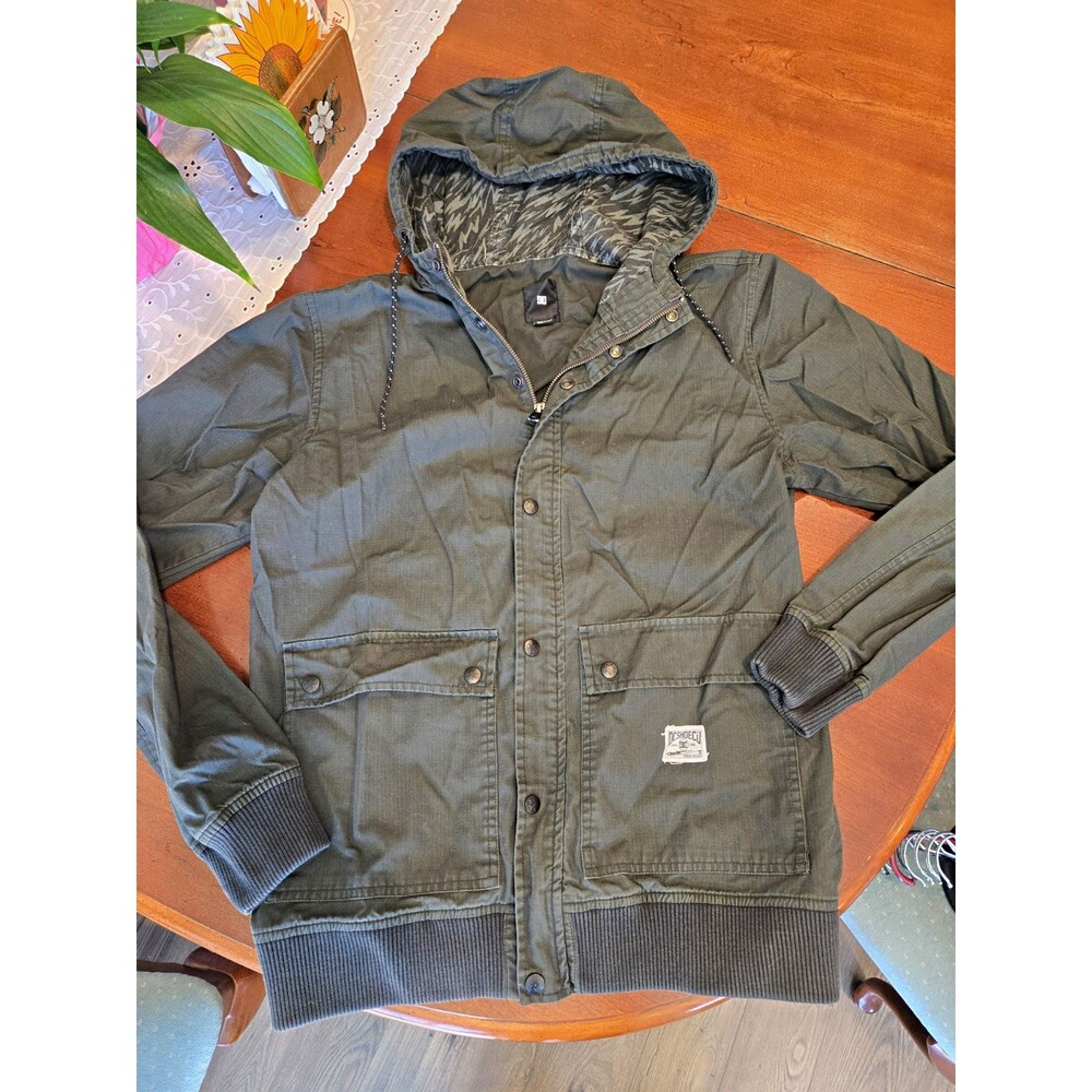 DC Men's Military Hooded Jacket Green Size S Mid-Length Zip Snap Pockets